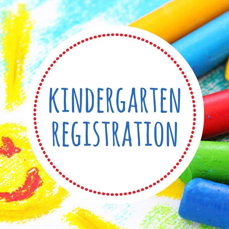 The words \"Kindergarten Registration\" in blue capital letters surrounded by yellow, red, green and blue
