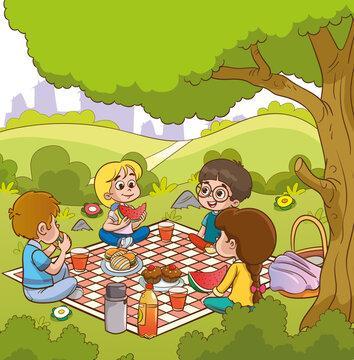 4 kids eating watermelon on a blanket at a picnic