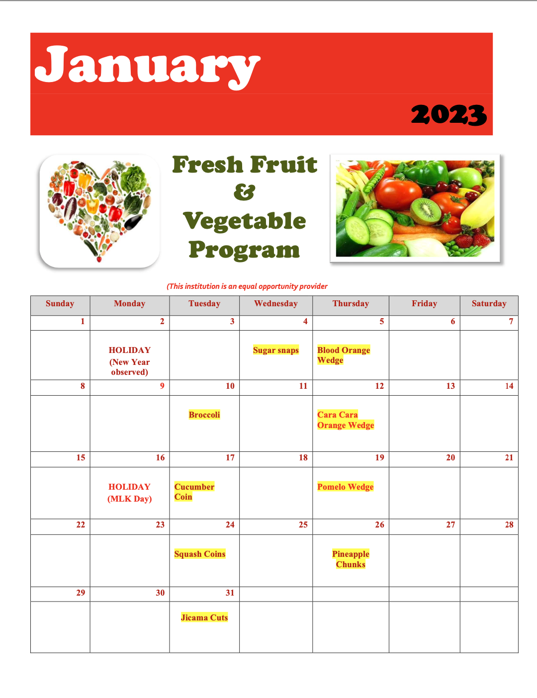 Fresh Fruit and Vegetable Menu Fresh Fruit and Vegetable Program