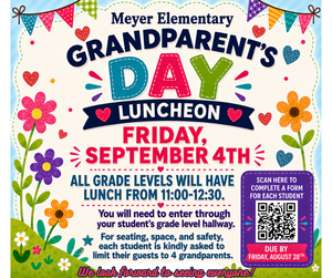 Grandparent's Day luncheon announcement with colorful decorations and details.
