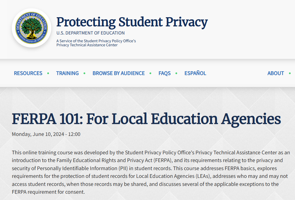 U.S. Department of Education  "Protecting Student Privacy Training" 