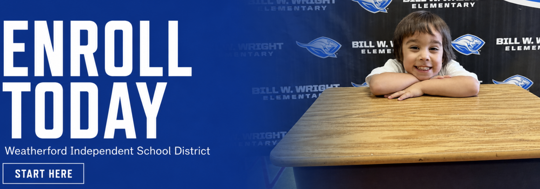 a photo of a little boy smiling at a desk with the words enroll today and start here overlayed
