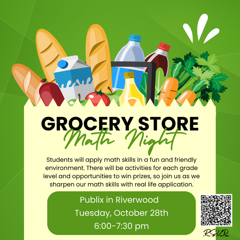 grocery bag with food stick out of the top and directions for math night at Publix