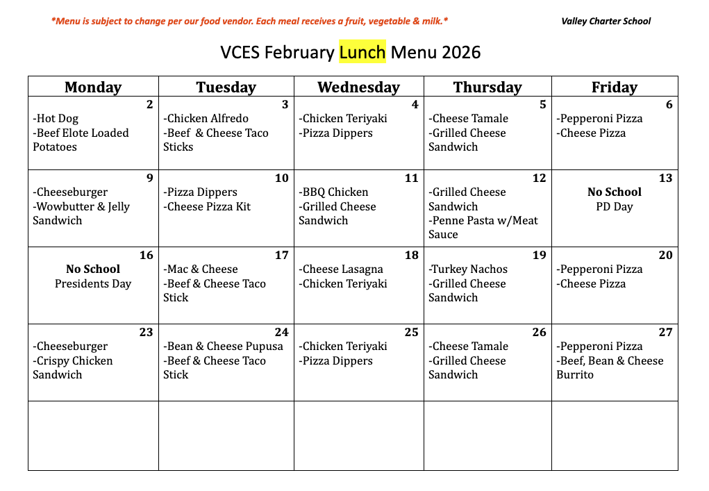 valley charter elementary school monthly lunch menu