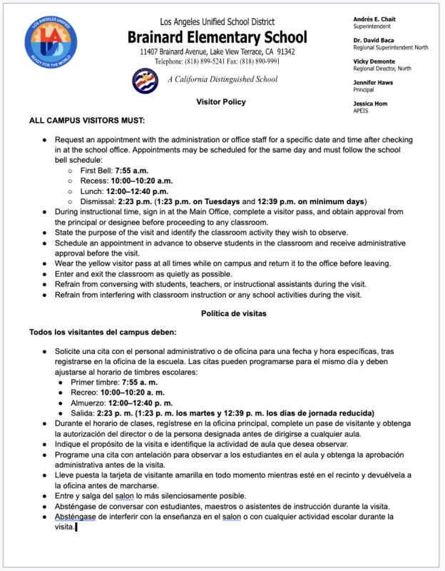 Brainard Visitor's Policy