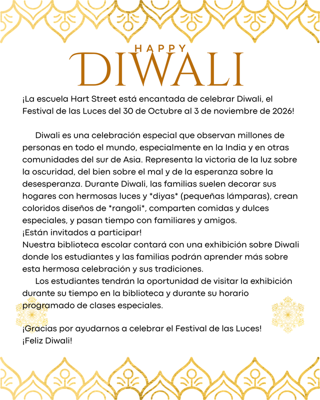 Diwali, el Festival de las Luces, del 30 de octubre al 3 de noviembre de 2026 Visite nuestra Exhibición de Diwali en la biblioteca