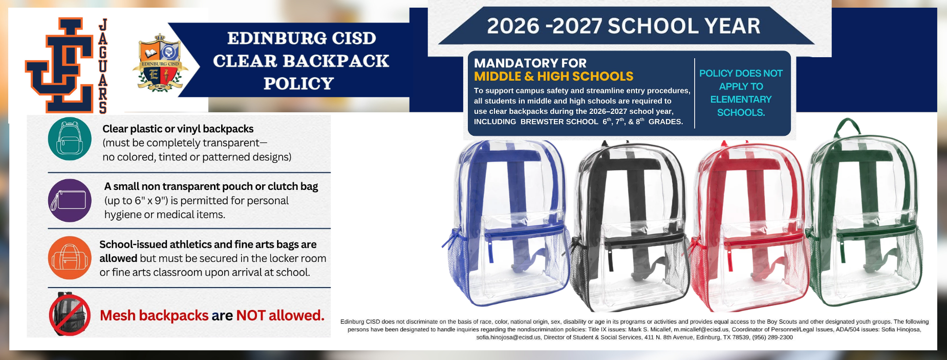 Edinburg CISD Clear Backpack Policy 26-27 School Year