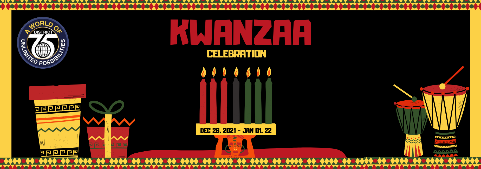 Bold black background with Kwanzaa candles and celebration decorations.