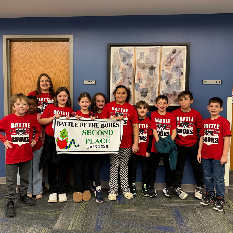 Battle of books 2nd place winners with red shirts