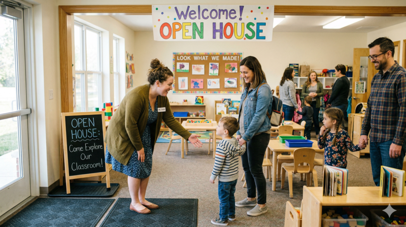 A teacher greets a preschooler and their parent at a school open house