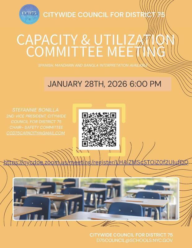 Flyer for CC75  Capacity & Utilization Committee Meeting with QR Link To Zoom - English