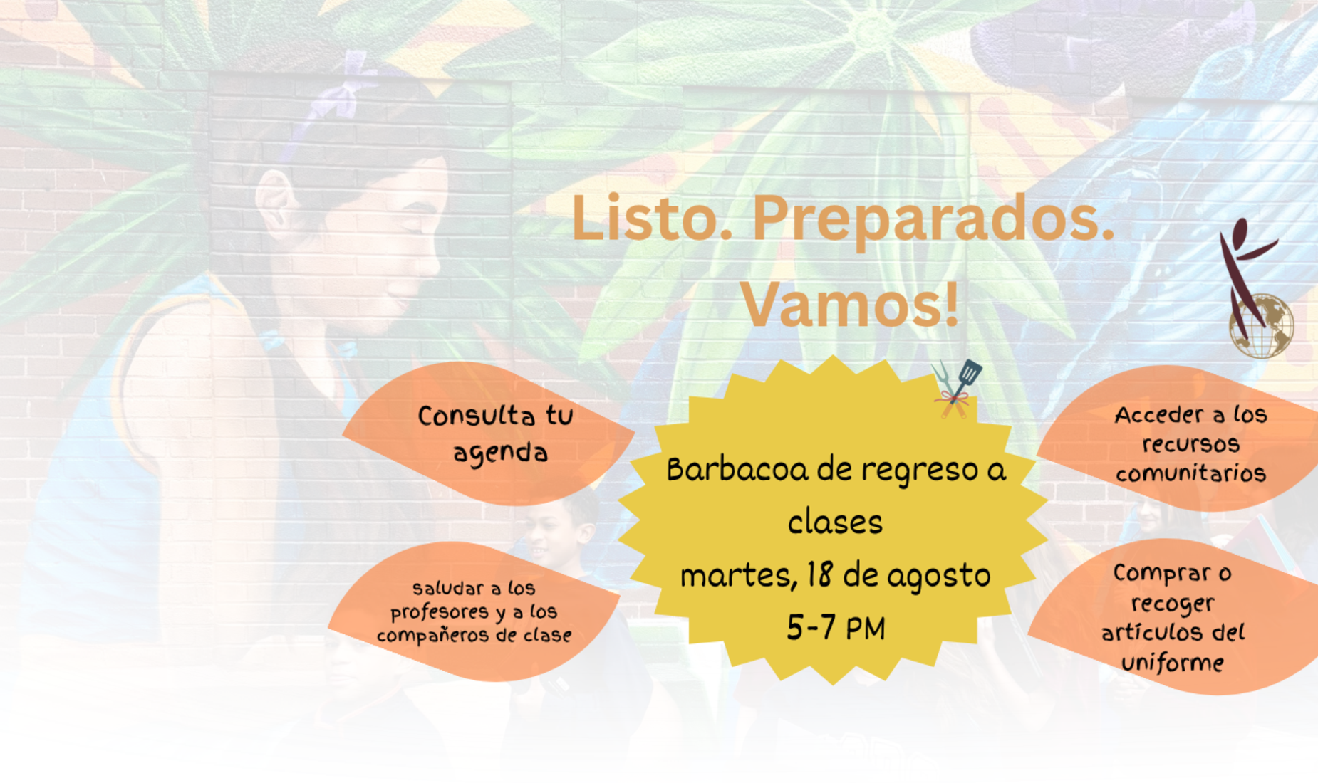 Colorful event flyer with text about a back-to-school barbecue.