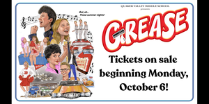 Image depicts a sketch of a poster for QVMS's Grease production. Images are sketches of characters played by MS students.