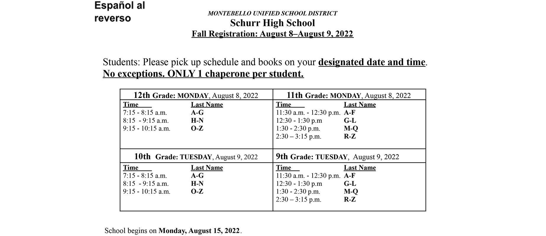 Fall Registration August 8- August 9th