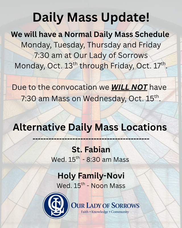 No Daily Mass on Wednesday, October 15, 2025