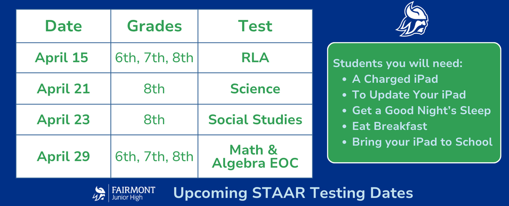 Table listing upcoming STAAR testing dates and requirements for students.