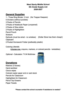 6th grade supply list