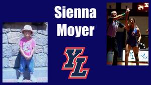 Alt text: "A collage featuring Sienna Moyer. Left: A young child in a pink shirt and straw hat stands against a stone wall. Right: A victorious wrestler in a blue uniform has their arm raised by a referee. Center: Initials 'YL' logo in red and blue with Sienna Moyer's name above in white text."