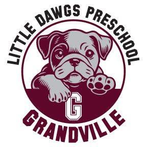 Little Dawgs Preschool logo with maroon bulldog puppy 