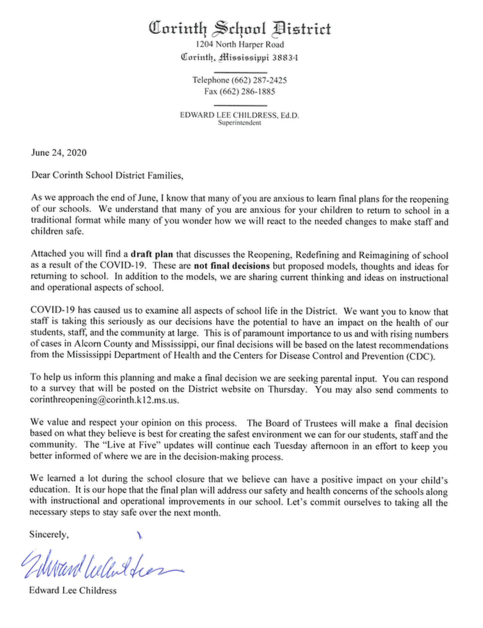 school reopening letter