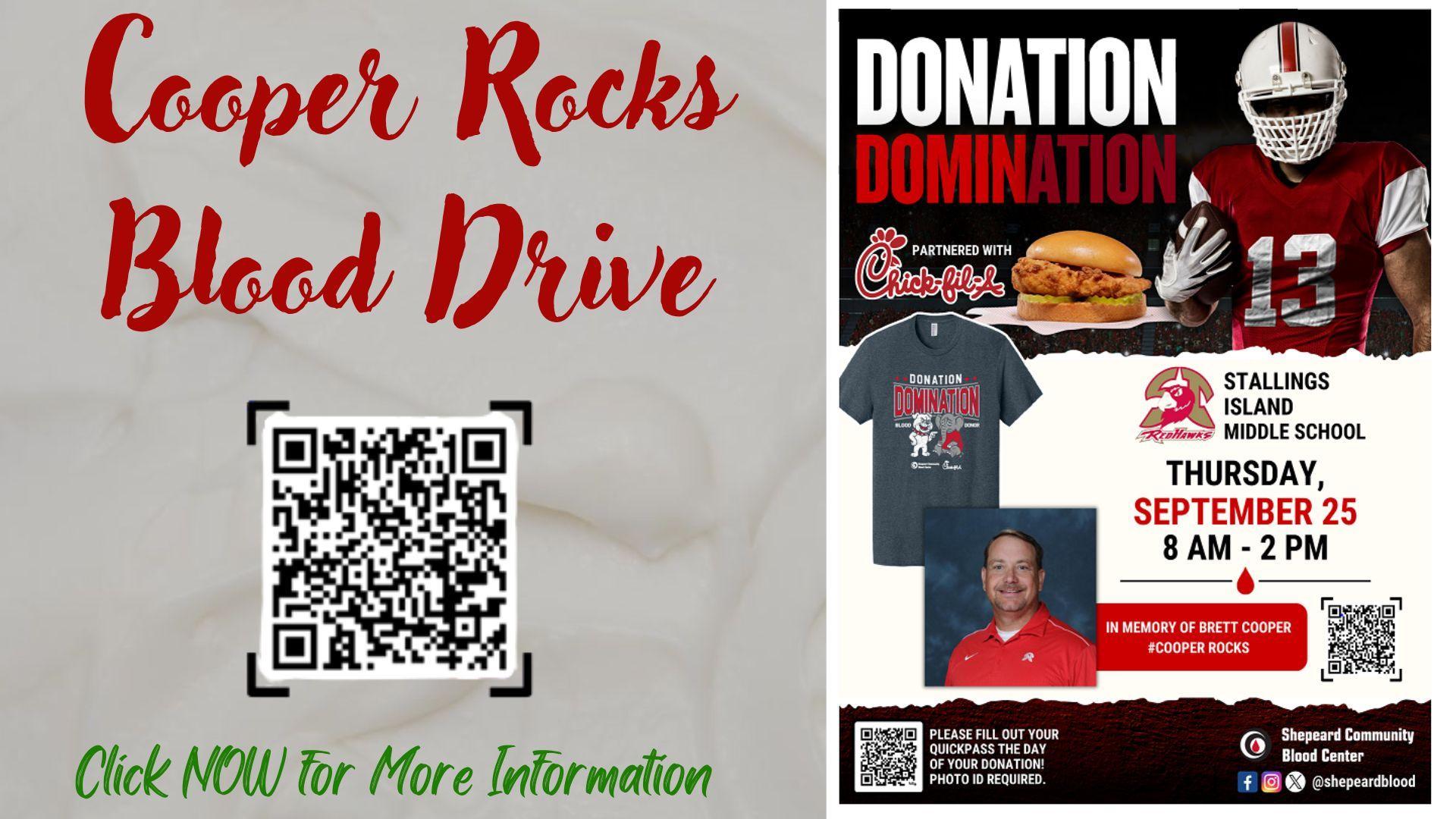 Blood drive poster featuring details, a photo of Brett Cooper, and a QR code.