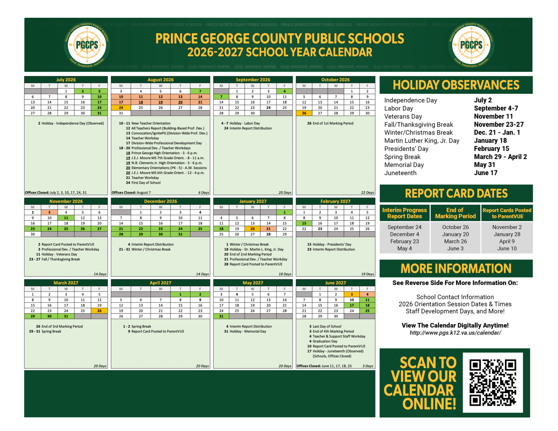 2026-27 School Year Calendar Front Page
