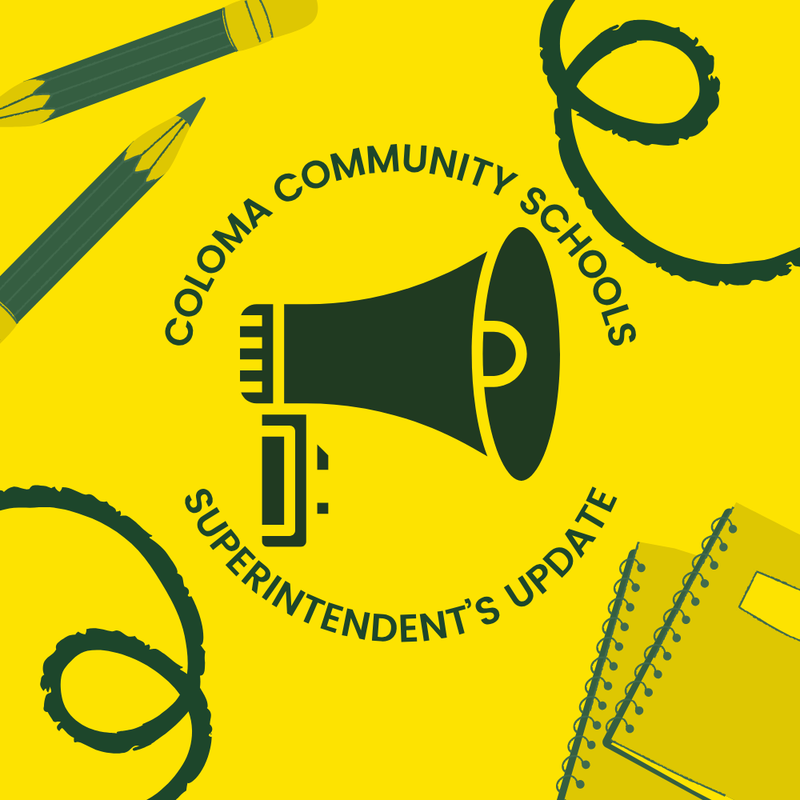 School Supplies with Yellow Background with Green Bull Horn and text that reads 