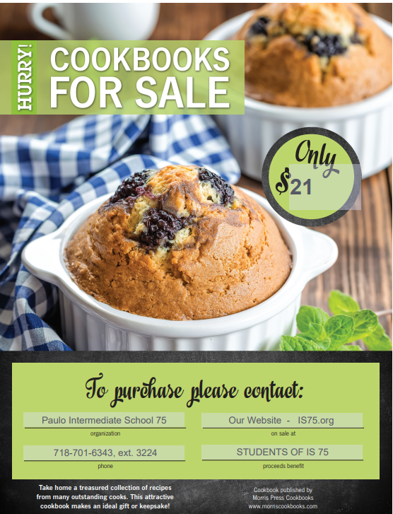 Cookbook for sale poster.  School fundraiser