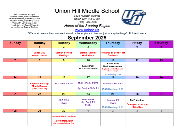 September 2025 Calendar-Union Hill Middle School