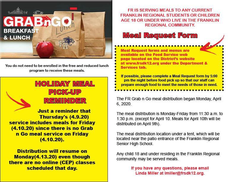Holiday Grad n Go Information flyer for April 8, 2020
