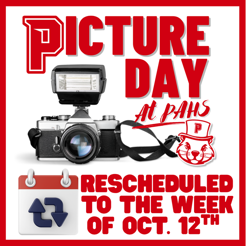 picture of a camera and a calendar with text stating that picture day has been rescheduled to the week of October 12th