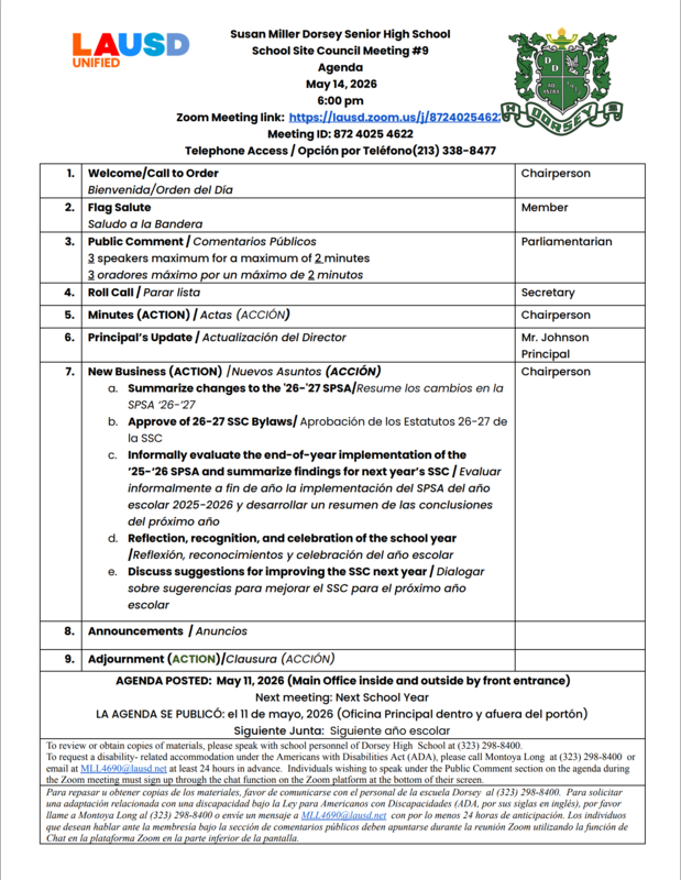 School Site Council (SSC) Meeting Agenda