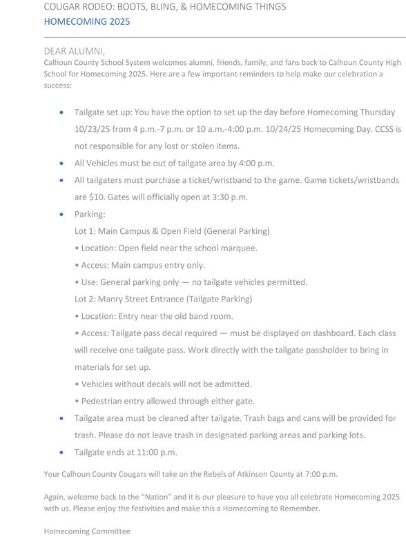 Homecoming 2025 letter with list of activities