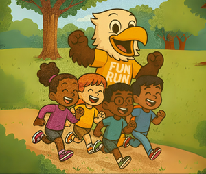 Illustrated eagle with Fun Run shirt running with four students along a path