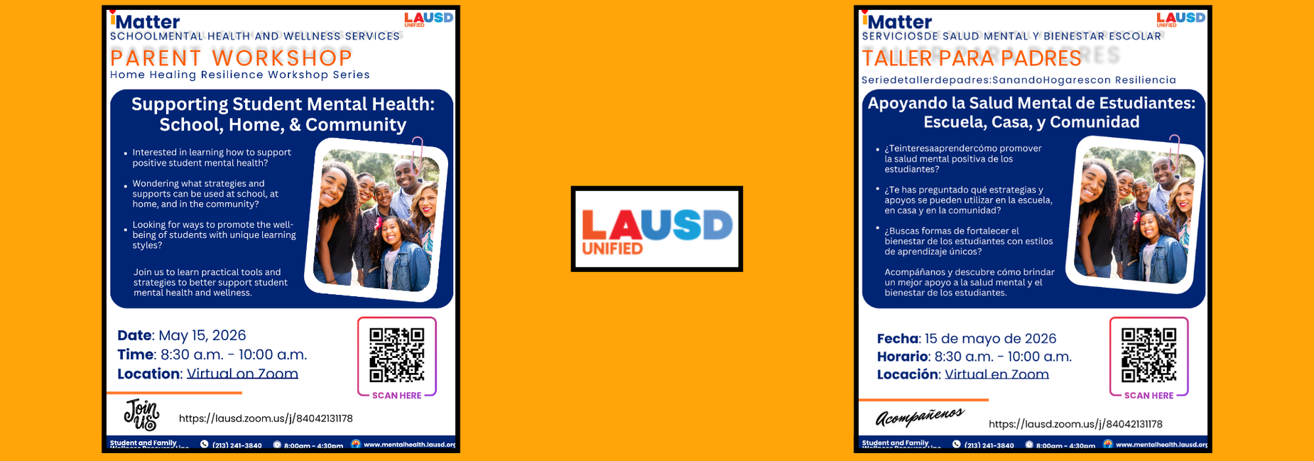 School Mental Health and Wellness Services Virtual Workshop for Parents on May 15, 2026 from 8:30am to 10:00am / Taller Virtual de Servicios de Salud Mental y Bienestar Escolar el 15 de mayo, 2026 de 8:30am a 10:00 am