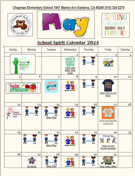 Spirit Calendar Students Chapman Elementary