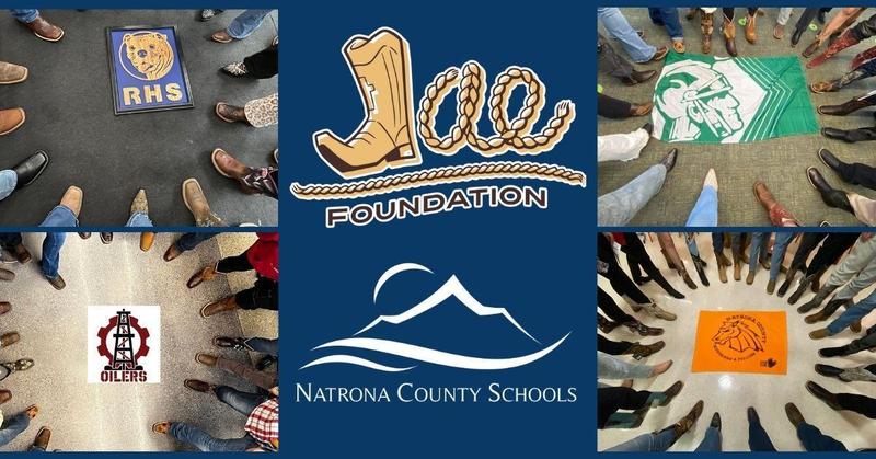 Photo collage of boots around school mascots with the Jae Foundation and NCSD logos in the middle