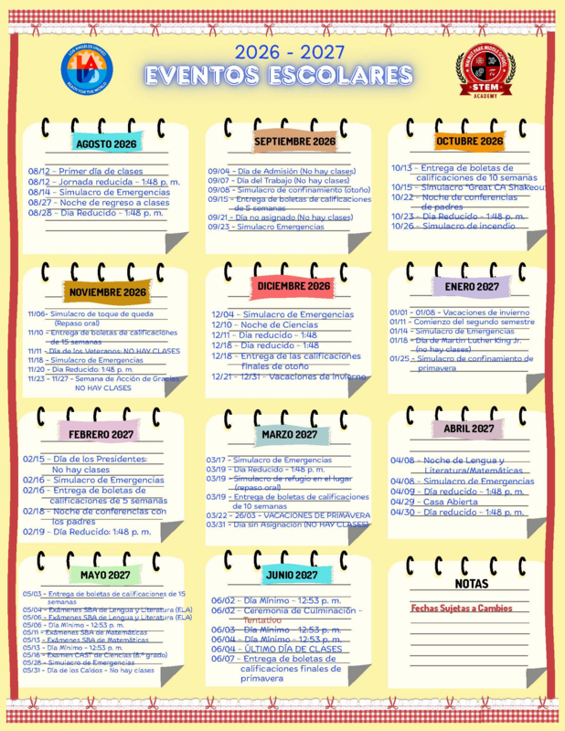 Calendar of Events in Spanish.
