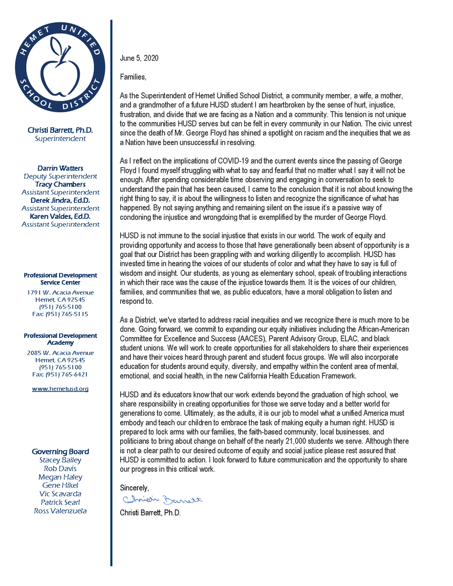 Letter to families
