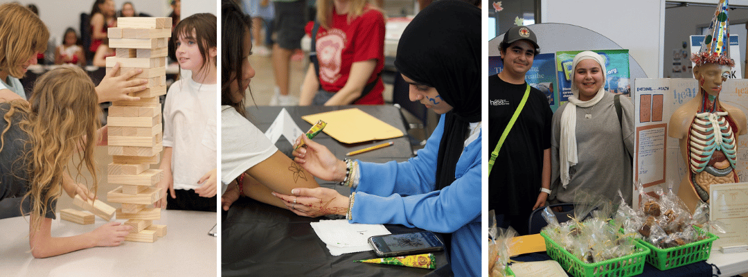 Families enjoying the festivities at Founders Day with Jenga, henna, and bake sales