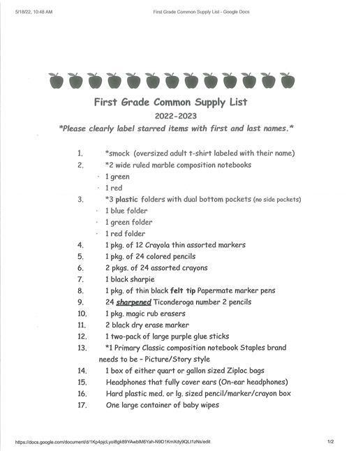 First Grade Supply Lists South Salem Elementary School