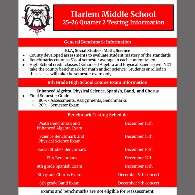 Harlem Middle School's Quarter 2 testing information with exam details and schedule. 