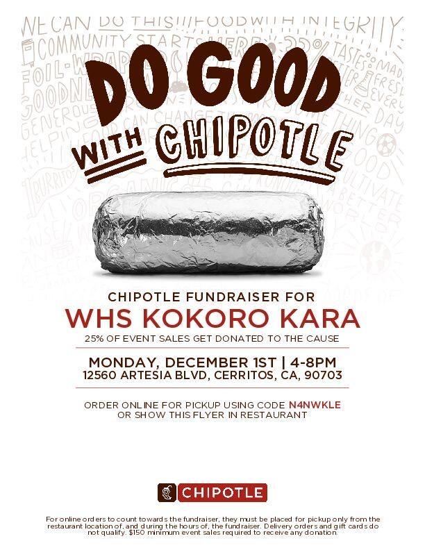 WHS Kokoro Kara Club fundraiser at Chipotle on 12/1/25 from 4 - 8pm
