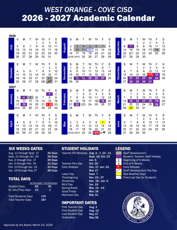 WOCCISD 2026-2027 Calendar