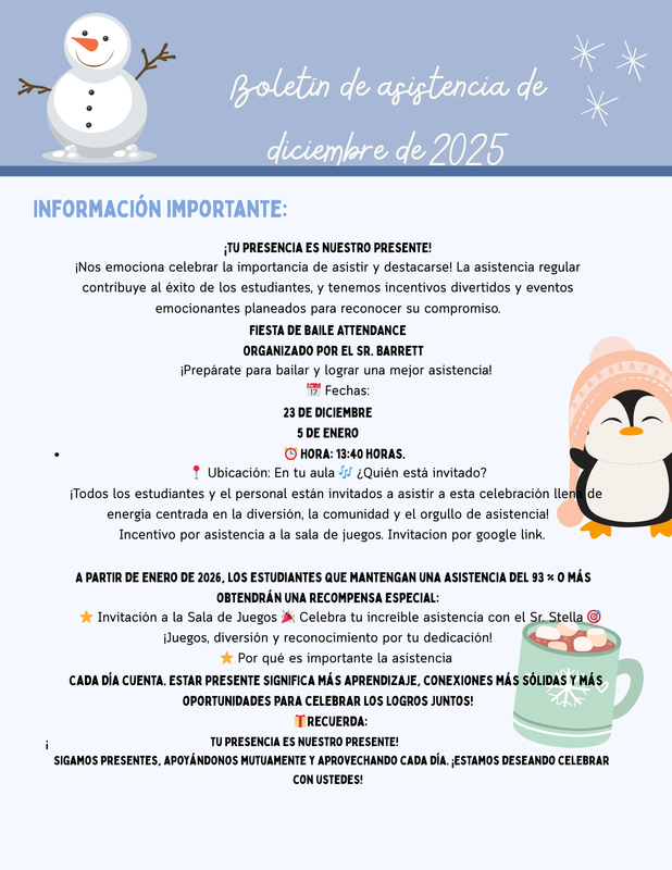 Boletín de asistencia con información sobre eventos e incentivos para diciembre de 2025.