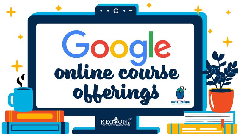 Graphic of a computer screen reading Google online course offerings with books and a plant.