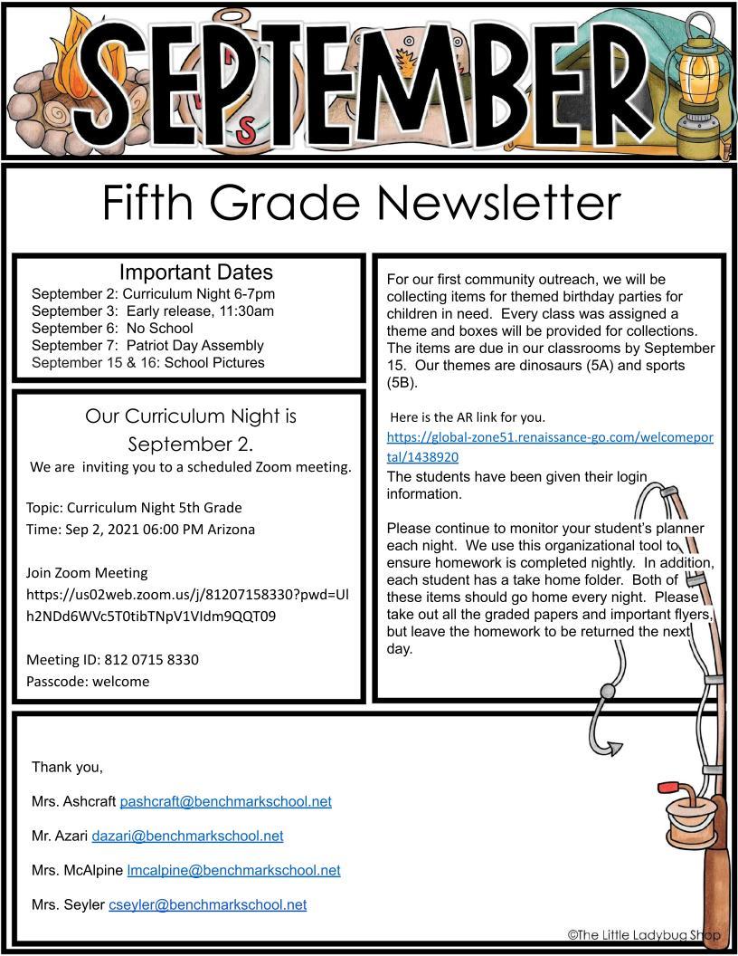 Newsletters 5th Grade Benchmark Preschool & Elementary School
