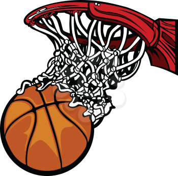 A basketball going through a hoop with a net.