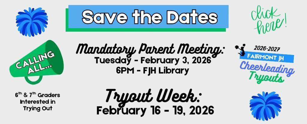 Announcement for Fairmont JH cheerleading tryouts with meeting details.