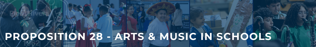 Proposition 28 Banner with photos of kids performing musical instruments, dancing or painting.